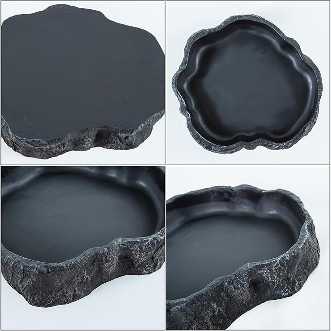 2 Pack Large Reptile Food Bowl and Water Bowl Set, Drowning Prevention Reptile Water Dish and Food Dish with Simulated Rockery, Terrarium Decoration Bowls