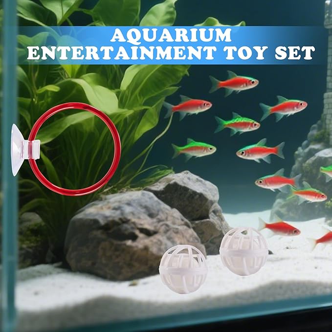 Betta Fish Toys, 2 PCS Fish Exercise Ring and Nitrifying Balls Set, Betta Mirror Toy Set, Feeding Ring with Suction Cup, Fishing Tank Accessories for Gifts (Red)