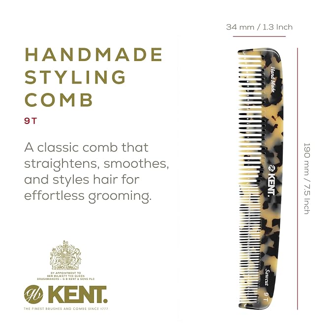 Kent 9T Fine Tooth and Wide Tooth Hair Combs - Large Detangler Handmade Dressing Comb - Wet & Dry Use, Durable Grooming for Women & Men - Made in England (WhiteTokyo)