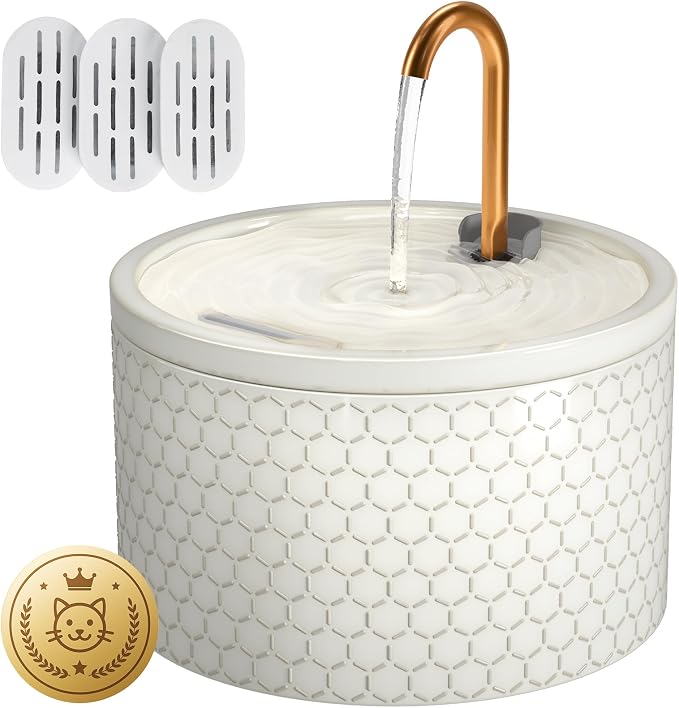 DOOOB Ceramic Cat Water Fountain, 2.1L/71oz Cat Fountain, Automatic Ceramic Water Fountain for Cats, Pet Water Fountain with Ultra-Quiet Pump and 3 Filters & 3 Sponges (Honeycomb Embossed)