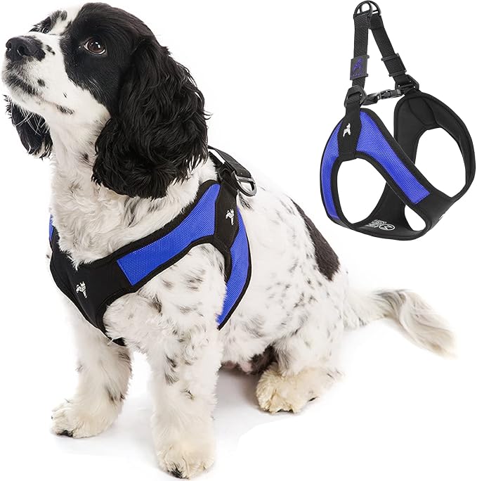 Gooby Escape Free Easy Fit Dog Harness, Step-in, Blue, Small | Patented escape-free frame; Contracts if they back out; Step-in easy on/off; Machine washable; Light POM leash ring