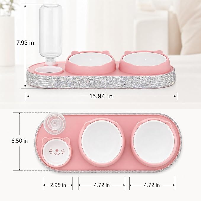 SlowVibes Bling Pink Cat Food and Water Bowl Set, Automatic Water Dispenser | 15-degree tilted double bowls with 17 oz automatic water dispenser for indoor cats, kittens, small medium dogs,Rhinestone