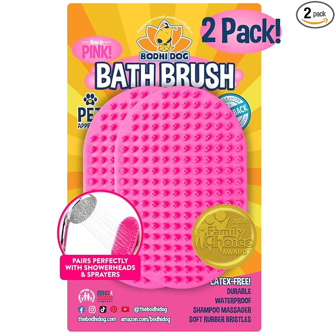 Bodhi Dog Shampoo Brush - Pet Grooming & Bath Supplies for Dogs and Cats - Bath Brush for Long & Short Hair - Premium Scrubber for Shower, Showerhead, Sprayer & Bathing (Two Pack, Pink)