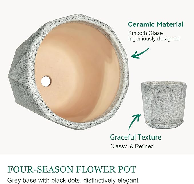 10 Inch Ceramic Plant Pot with Drainage Hole Mesh Net, Large Flower Pots for Indoor Plants with Saucer, Gardening Pots Outdoor (Gray-dot)