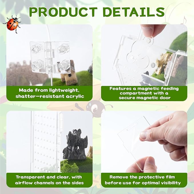 7Pcs Magnetic Acrylic Jumping Spider Enclosure Kit, 9.5" X 3.9" X 6.7" Arboreal Tarantula Enclosure with Feeding Hole for Reptiles Amphibians nnd Spiders