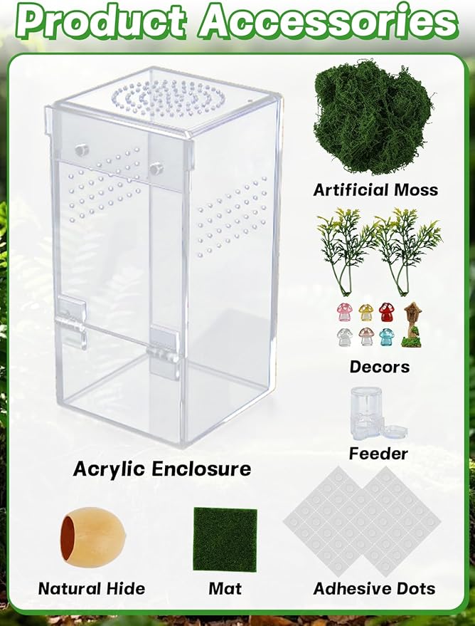 Escape Proof Jumping Spider Enclosure Kit - 3x3x6in Pre-Assembled Acrylic Terrarium with Magnetic Door/Micro Vent Holes/Accessories, Insects Habitat for Spiderlings, Mantis, Tarantulas, Snails