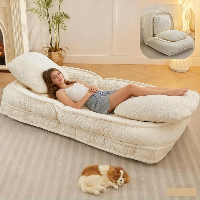 Foldable Lazy Sofa Bed with 5 Levels Adjustable Backrest, Beige | Comfy Upholstered Human Dog Bed for Adults and Pets, Lazy Floor Lounger with 2 Soft Cushions for Living Room Bedroom