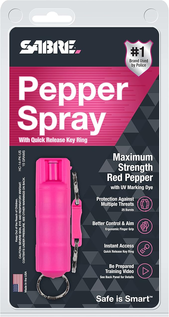 Sabre Pepper Spray - Quick Release Keychain for Easy Carry & Fast Access, Max Police Strength Self Defense OC Spray with UV Dye, 10 Sec. Spray Time, Finger Grip - Faster Aim, 0.54 fl oz,Secure Safety
