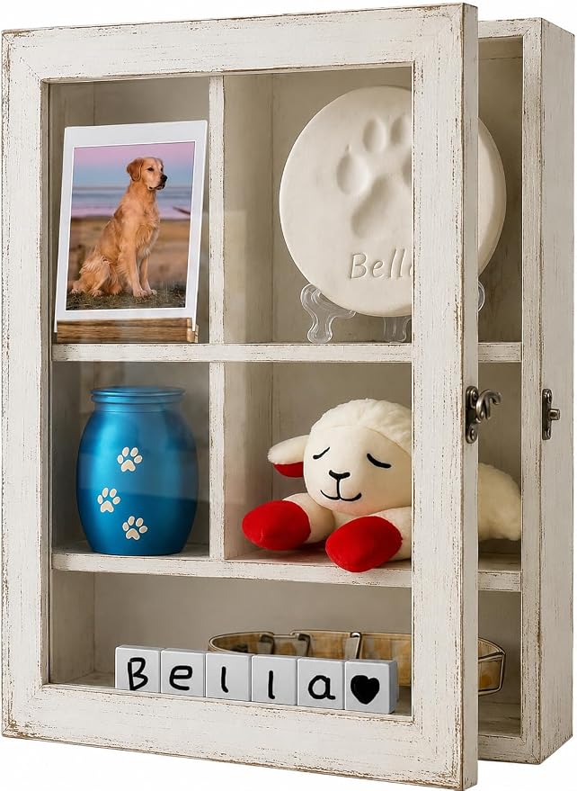 12x16 Inch Solid Wood Pet Memorial Shadow Box Frame with Shelves | Large Deep Display Case Memory Box for Dog & Cat Paw Print Urn Keepsake , Pet Remembrance Sympathy Gift - Distressed White