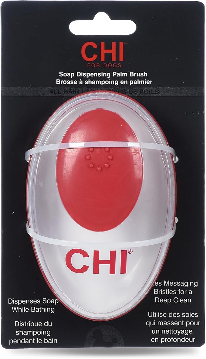 CHI for Dogs Soap Dispensing Palm Brush, Handheld Dog Bathing Scrubber with Built-In Shampoo Dispenser, Soft Rubber Bristles for Massaging and Deep Cleaning All Dog Coat Types, Red | Built-in shampoo dispenser, soft rubber bristles, massages while deep...