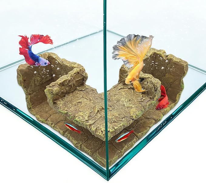 Aquarium Cave for Betta & Shrimp – Artificial Rock Hideout, Corner-Friendly Fish Tank Decor with Interactive Hiding Spots & Exploration Tunnel for Small Fish