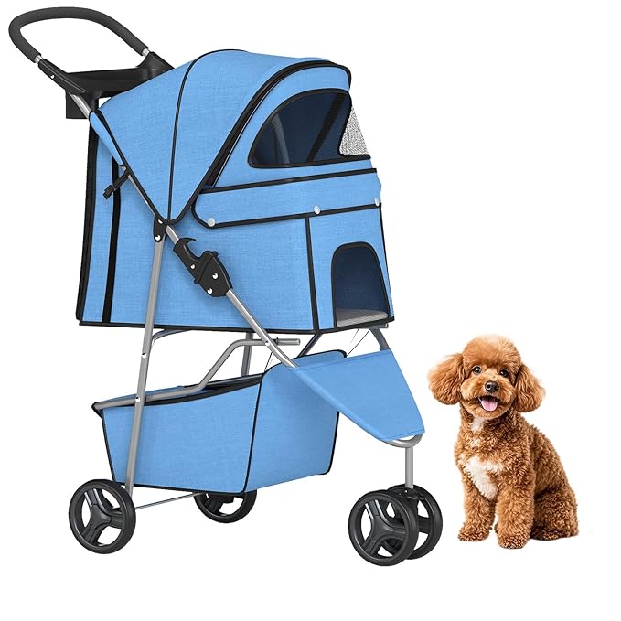 BestPet | 3-Wheel Pet Stroller | Blue | Foldable Dog and Cat Stroller | Breathable Mesh | Lightweight, Waterproof Travel Carrier with Cup Holder & Storage Basket | for Daily Walks & Outdoor Use
