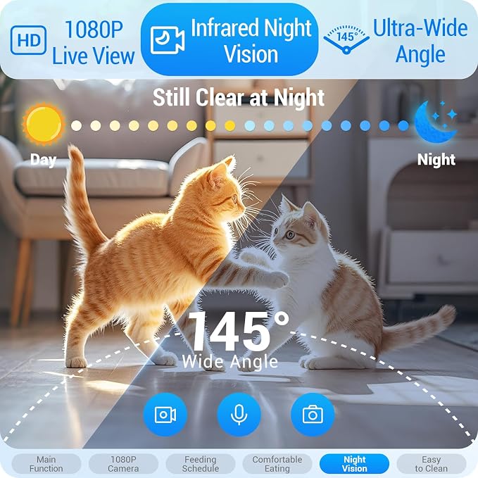 Frienhund Dual Automatic Cat Feeder with Camera for 2 Cats: 5G WiFi Automatic Dog Feeder with Night Vision, 7L Auto Cat Food Dispenser with Two Camera for Multiple Pet, Easy to Clean-29 Cup(ACF180W-A)