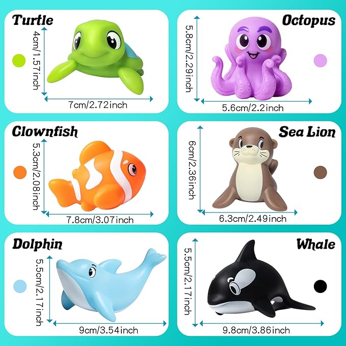 Mold Free Bath Toys - 6 Pcs Ocean Baby Bath Toys for Kids Ages 1-3, No Hole Design Keeps Moisture Out, Toddlers Learn Sea Animals with Bathtub Soft Squeeze Toys, Pool Toy