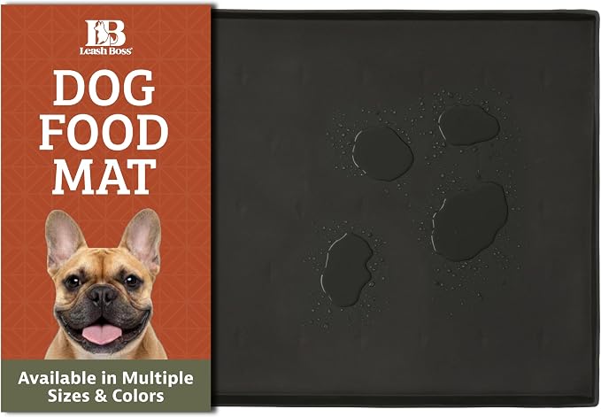 Leash Boss Waterproof Spill Guard Dog & Cat Silicone Dog Food Mat - Non-Slip Raised Edge Dog Bowl Mat - Waterproof Spill Guard Cat Food Tray - 25 x 17 in, Black