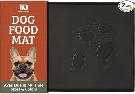 Leash Boss Dog Food Mat - 2-Pack, Waterproof Cat & Dog Bowl Mat for Food and Water, Silicone Pet Feeding Mats for Floors, Non-Slip Placemat with High Edges, Puppy Essentials (Small: 18"x11", Black)