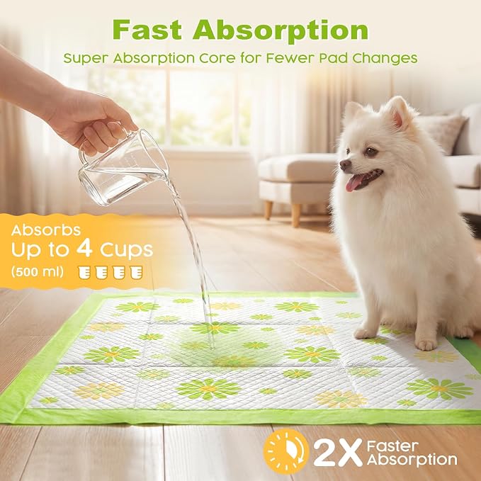 MIZOK Puppy Pads with Adhesive Tabs Green Daisy Prints Small 22x22in 100Ct | Cute Printed Wee Wee Pads for Dogs Feature Fun Designs and Sticky Bottom Strips to Keep Indoor Training Mess Free