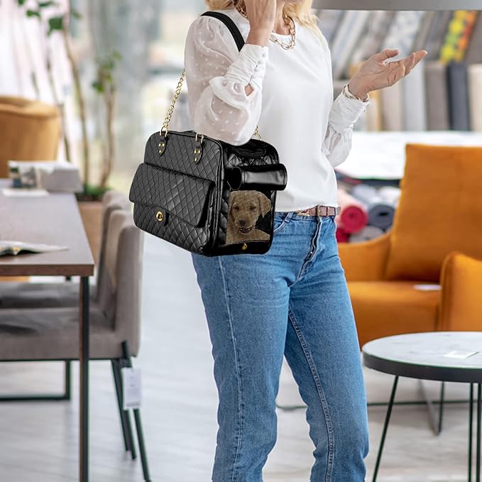 Fashion Dog Purse Carrier for Small Dogs with Large Pockets, Holds Up to 8lbs Quality PU Leather Pet Carrier, Cat Carrier, Airline Approved Puppy Purse Carrier for Travel (Black, Small Size)