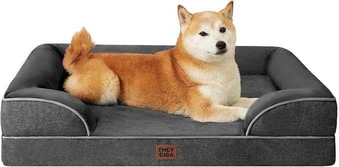 EHEYCIGA Orthopedic Dog Beds Large Sized Dog, Waterproof Washable Pet Bed | Non-Slip Bottom and Egg-Crate Memory Foam Dog Couch Bed with Washable Removable Cover, Dark Grey