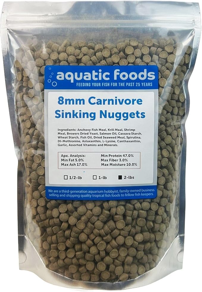 Aquatic Foods Inc. 8mm - 5/16" Carnivore Sinking Pellets for Carnivore Cichlids, Catfish, Monster Fish, Bottom Fish, All Large Fish, Also Koi & Pond Fish. - WL…2-lbs Foil Pouch Bag
