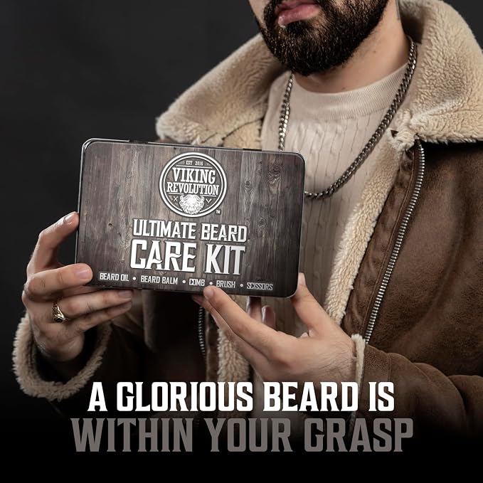 Viking Revolution Ultimate Beard Kit - Classic, 5 Pcs with Metal Box | Includes Beard Brush, Beard Comb, Beard Balm, Beard Oil, Beard & Moustache Scissors - Perfect Gift Set for All Beard Types
