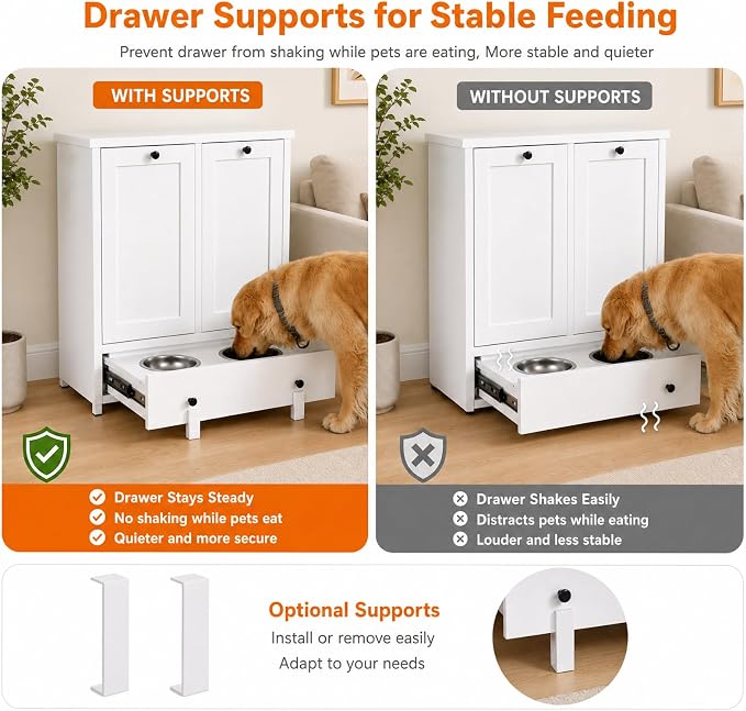 Dog Feeding Station Cabinet with Storage, Metal Pet Feeding Station with Storage, Tilt-Out Dog Food Storage Cabinet with 2 Stainless Steel Bowls, Hidden Feeding Station for Dogs & Cats, White