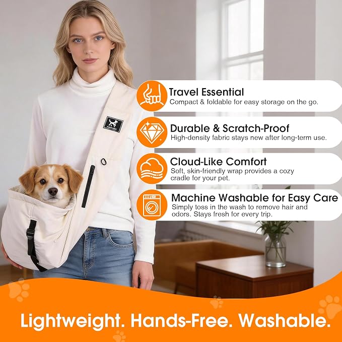 Dog Sling Carrier for Small Dogs & Cats 5-20 lbs, Adjustable Depth | Breathable Air Mesh Puppy Sling, Water-Resistant Travel Bag, Double Safety Leash, Machine Washable, Hands-Free Pouch, Apricot