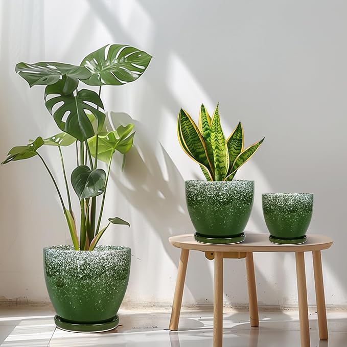 Ceramic Planters 3 Pack - 10 Inch 8 Inch 6 Inch Plant Pots for Indoor Outdoor, Round Decorative Flower Pots with Drainage Holes and Saucers, Garden Home Decor, Gift for Women Men, Green