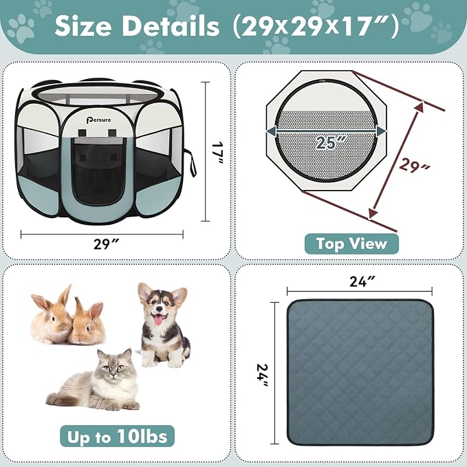 Persure Dog Cat Pet Playpen Puppy Crate Cage for Indoor Outdoor Travel | Nursing Rest Zone Recovering Pet Quarantine Room Portable Pop Up Easy to Set up lightweight Carrying Bag(Grey with Pad,Small)