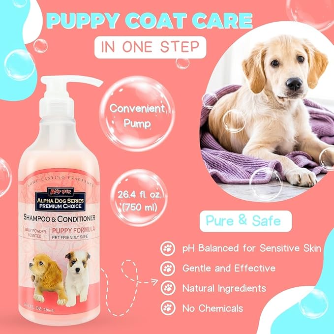 Alpha Dog Series Natural Puppy Shampoo and Conditioner Tear Free with Aloe Vera, pH-Balanced Shampoo for Puppies, Tearless Dog Shampoo and Conditioner, Puppy Wash Sensitive Skin 26.4 Oz (6 Pack)