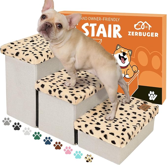 Zerbuger Dog Stairs with Storage, Beige Leopard 3 Steps Dog Ramp no Condo | 18" H Wider Dog Steps for High Beds Couch, Folding Storage Pet Stairs Gift for Climbing Small/Medium/Large Old Dogs Cats