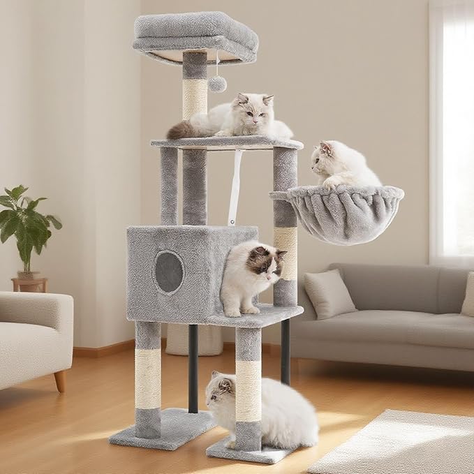 Heybly Cat Tree, 49.2 Inches Cat Tower for Indoor Cats, Spacious Cat House Condo with Hidden Space，Sturdy Steel Tube，Soft Plush Top Perch，Cozy Hammock and Sisal Scratching Posts, Light Gray HCT200SW