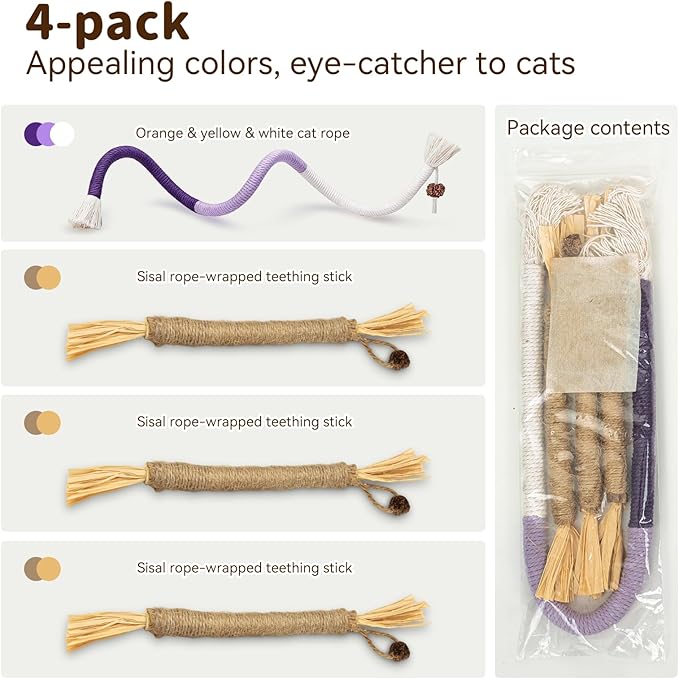 Cat Toys for Indoor Cats, 3 Pcs Silvervine Sticks with Gall Fruit & 1 Pc Cat Chew Rope for Teeth Cleaning, Interactive Cat Toys with Catnip, Kitten Chew Toys Teething for All Breeds Purple