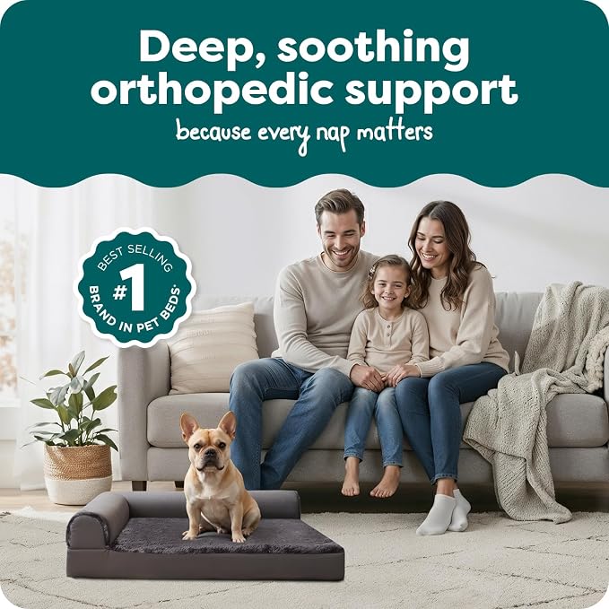 FurHaven Orthopedic Dog Bed for Medium Dogs, L-Shaped Chaise Mattress with Orthopedic Egg Crate & a Solid Orthopedic Foam Base for Joint Support, Washable Cover, Medium, Plush & Velvet, Platinum Gray