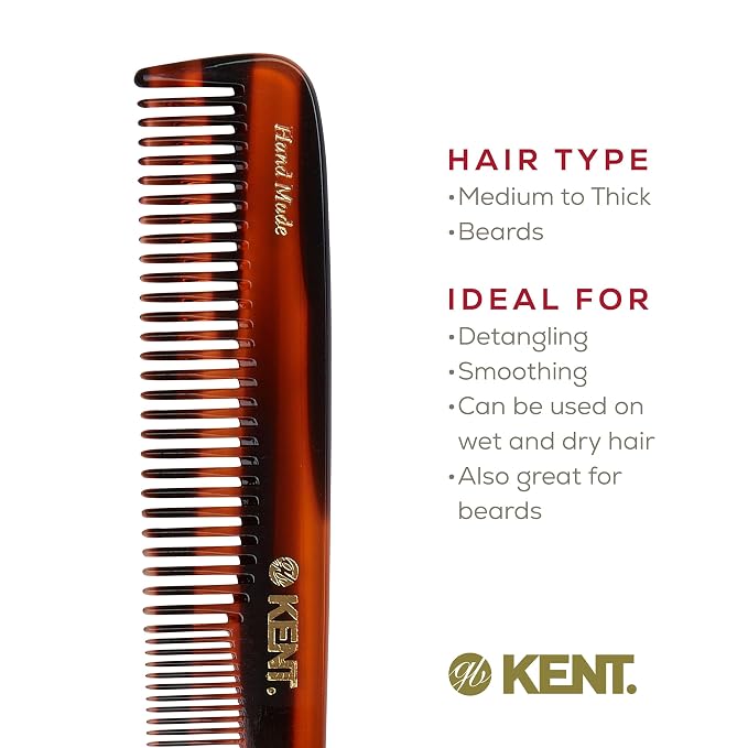 Kent 9T Tortoise Fine and Wide Tooth Comb Detangler - Large Handmade and Saw-Cut Dressing Combsw,for Wet and Dry, Hair Comb for Women and Durable Grooming Comb for Men Made in England