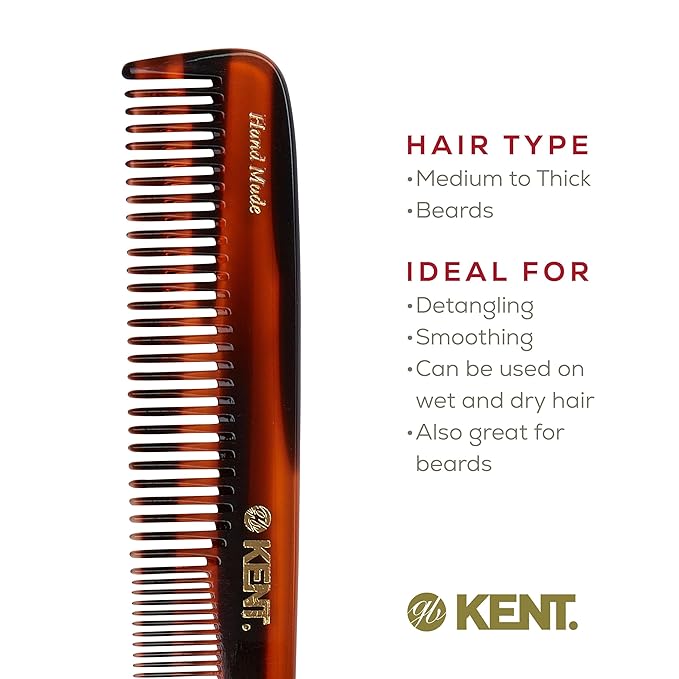 Kent 9T Tortoiseshell Fine and Wide Tooth Comb - Large Handmade and Saw-Cut Detangler for Wet Hair - Durable Grooming for Men and Women - Made in England