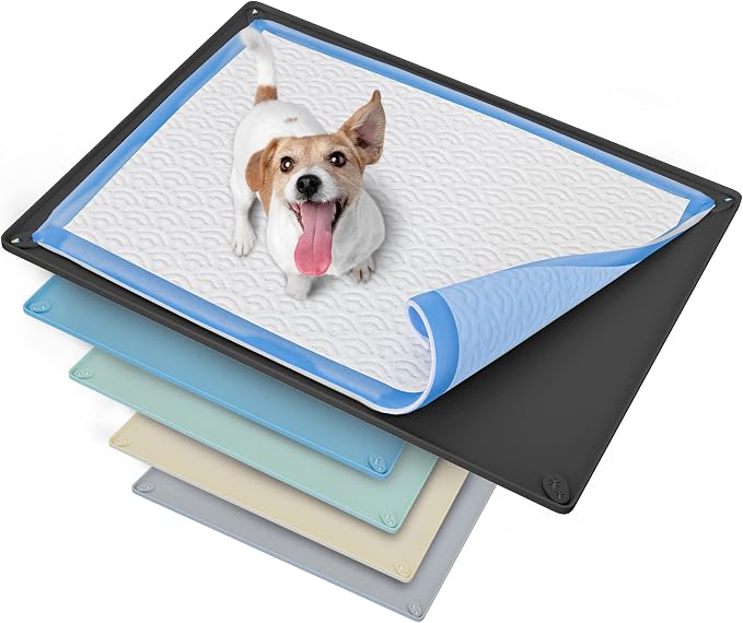 Skywin Dog Pee Pad Holder Tray Fits for 30” x 23” Pee Pads - 1 Pack - Black | Corner Lock Holes, Raised Edges, Non-Spill, Easy to Clean Silicone Dog Potty Tray Holder, For Indoor Floor Protection