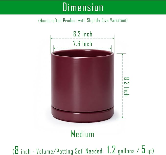 D'vine Dev 8 Inch Ceramic Planter Pot, Cordovan, 94-O-D-4 | Modern Cylinder Design, Drainage Hole & Saucer Included, Stable Structure, Elegant Home Accent