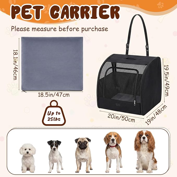 Dog Car Crate, Enclosed Foldable Cat Car Seat Carrier, 20x19x19.5in, Black | Portable Dog Cat Carrier with Seatbelt Attachment & Headrest Strap, Soft-sided Pet Kennel with Bed for Pet Travel up to 25 lb