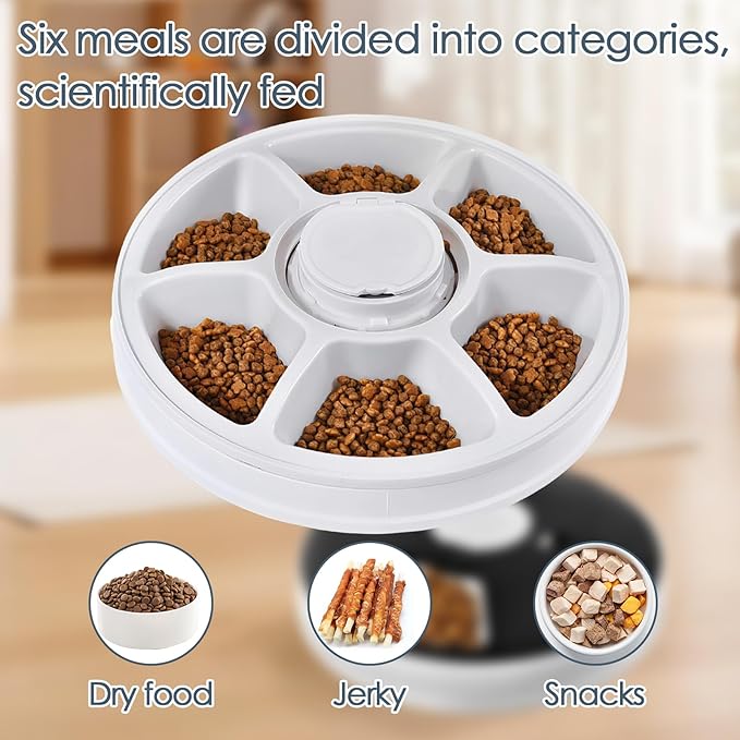 Automatic Cat Feeder, 6-Meal Timed Pet Food Dispenser, Programmable Portion Control Automatic Pet Feeder for Dogs, Dry & Semi-Wet Food, Easy-Clean Tray