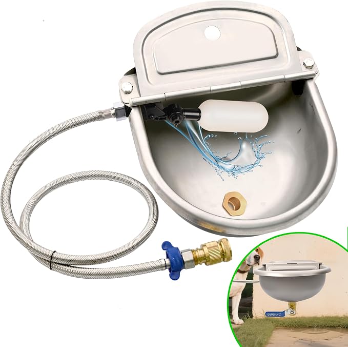Automatic Dog Water Dispenser, Outdoor Chicken Waterer with Drain Valve, Easy Cleaning, Stainless Steel Auto Livestock Water Bowl with Float Valve, Self Drinking Trough for Horse (1 Gallon)