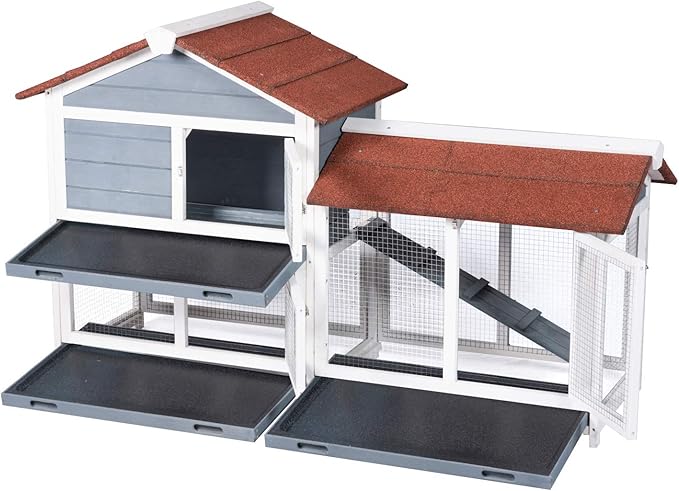 Good Life Two Floors 62" Wooden Outdoor Indoor Roof Waterproof Bunny Hutch Rabbit Cage Guinea Pig Coop PET House for Small to Medium Animals with Stairs and Cleaning Tray PET537