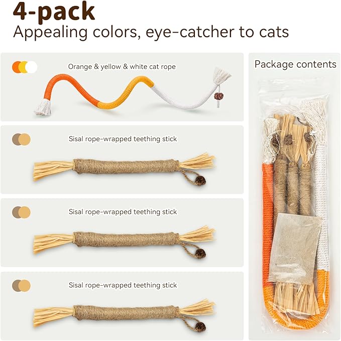 Cat Toys for Indoor Cats, 3 Pcs Silvervine Sticks with Gall Fruit & 1 Pc Cat Chew Rope for Teeth Cleaning, Interactive Cat Toys with Catnip, Kitten Chew Toys Teething for All Breeds Orange