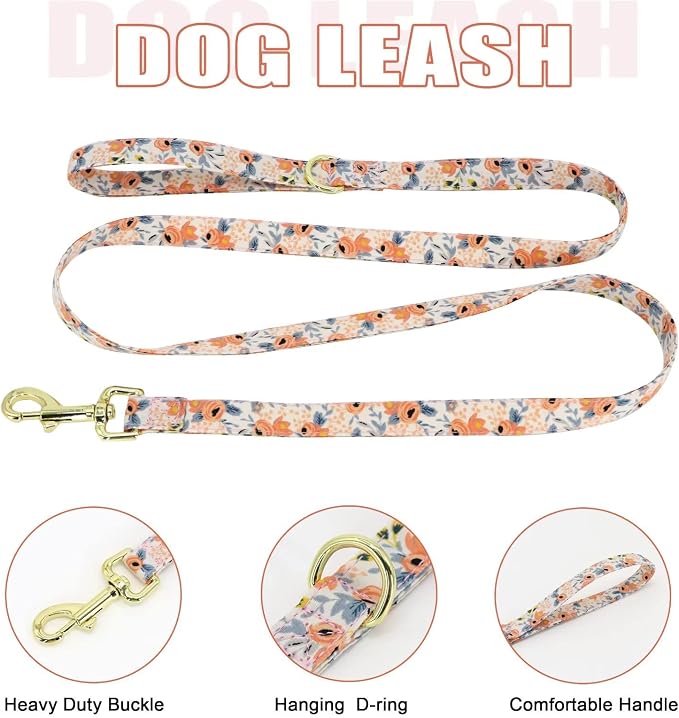 Beirui Cute Dog Collars,Harnesses,Leashes Set, Floral Pattern, Orange,M | Girl Dog Harness Set with Flower, Adjustable and Soft Mesh Lining, For Medium Dogs Daily Walks