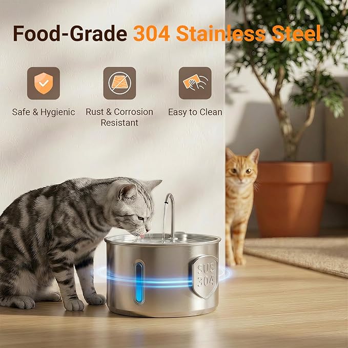 Stainless Steel Cat Water Fountain, 4L Quiet Pet Fountain for Cats & Dogs | Dog Water Fountain, 135oz Large Capacity, Small Dogs, USB Powered, 3 Flow Options, Triple Filtration, 4 Filters & 4 Sponges