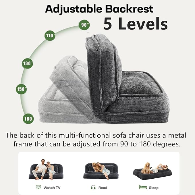 Foldable Lazy Sofa Bed, Double Human Dog Bed for Adults, Dark Gray | Skin-friendly Breathable Soft Chenille Upholstered, 5 Adjustable Backrest Positions, 3 Soft Cushions for Living Room