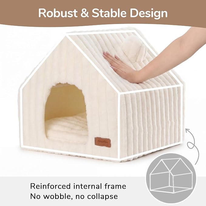 FUKUMARU Cat Bed Cave, Enclosed Washable Covered Dog Bed with Support Frame | Large Cat House for Indoor Cats, Cozy Cat Hideaway for Anxious Cats, Soft Plush Faux Fur Cat Tent Bed, Non-Slip Bottom, Cream