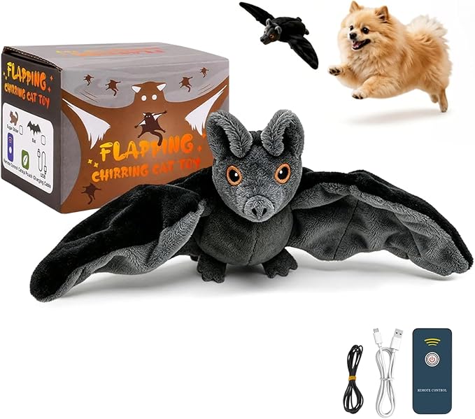 Flying Bat Dog Toy, Flapping Wings Interactive Chirping Pet Teaser, Remote Control Rechargeable Halloween Bat Toy with Catnip Filling, Electric Simulation Flying Motion Toy for Cats Dogs，1pc