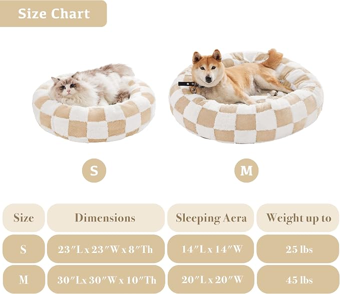 Ohocut Checkered Cat Dog Bed, Cute Beige Khaki Retro Style Aesthetic Round Warming Pet Calming Beds for Small Dog and Cats, Plush Cozy Donut Beds Washable, 23" L x 23" W x 8" Th