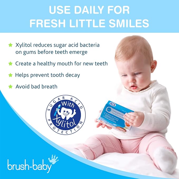 Brush Baby Teething Relief Dental Wipes for Ages 0-Toddler - Naturally Eliminate Teething Pain, Prevent Tooth Decay and Sour Milk Breath - 28 Finger Wipes (2-Pack)